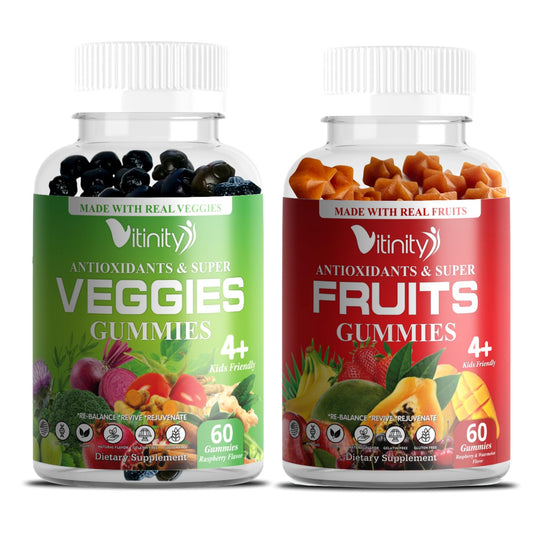 Vitinity fruit gummies bottle shows real fruit pieces for daily wellness.