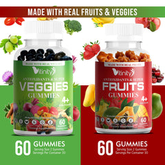 Vitinity fruit pieces in gummies suggest antioxidant-rich formula.