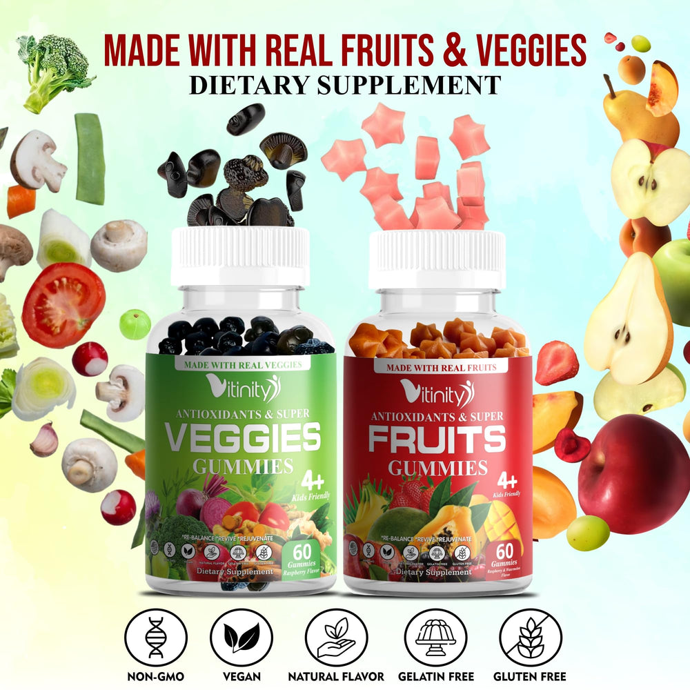 Vitinity fruit-veggie gummies pack label shows natural ingredients and no artificial flavors.