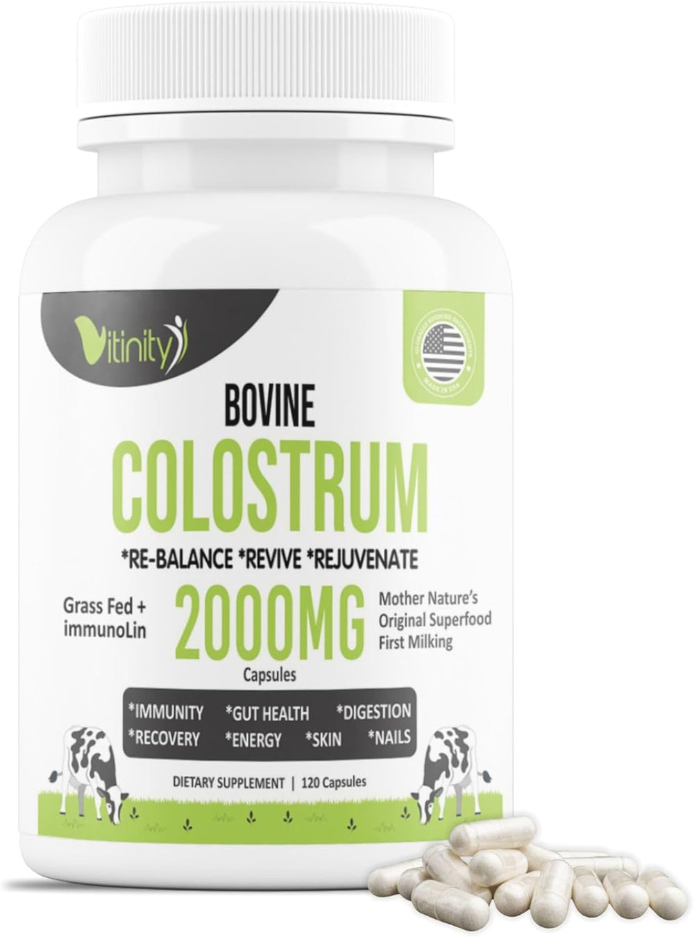 VITINITY grass-fed colostrum capsules in a bottle for daily wellness