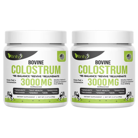 VITINITY grass-fed colostrum powder bottle for daily wellness.