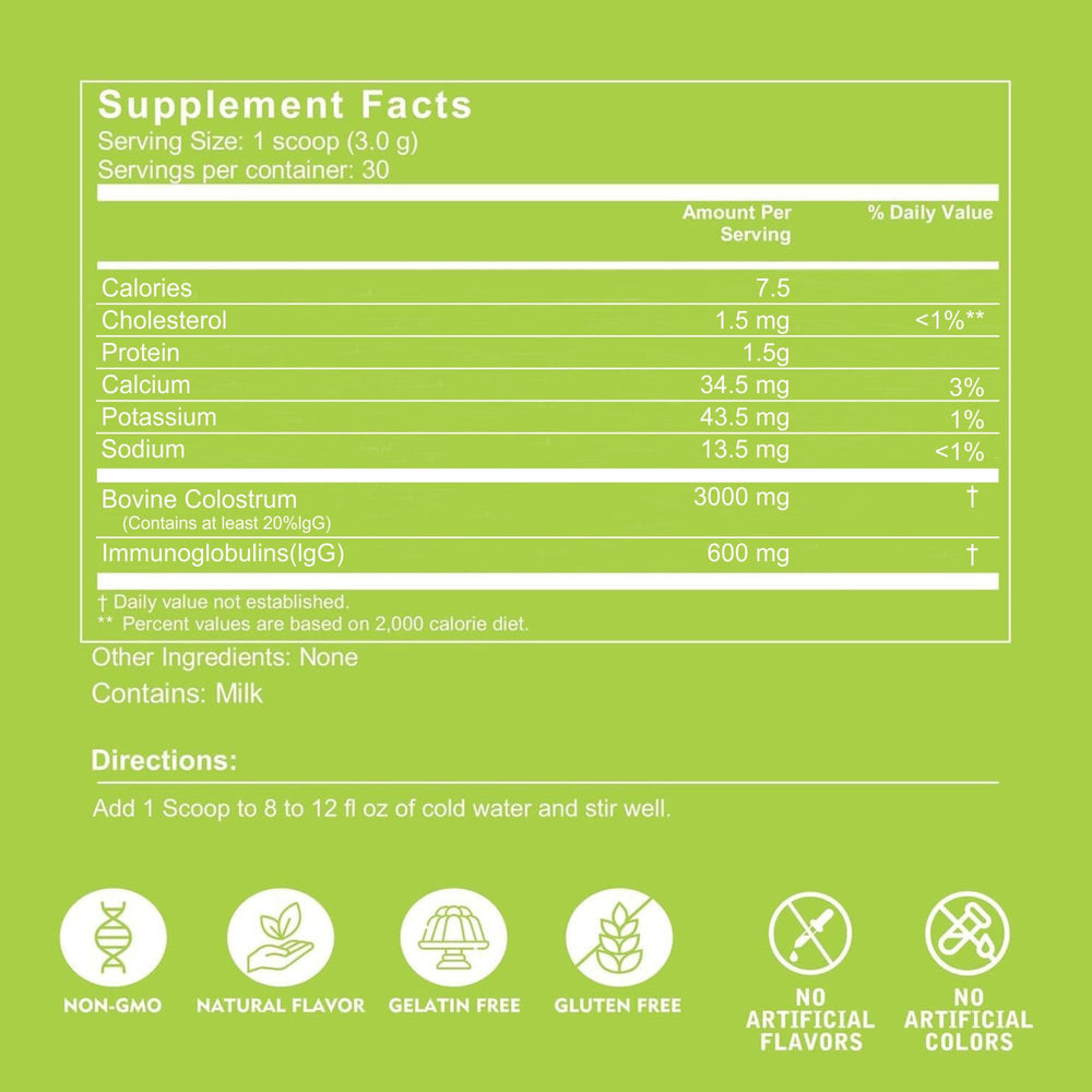 VITINITY packaging showing a 3000 mg serving of colostrum.