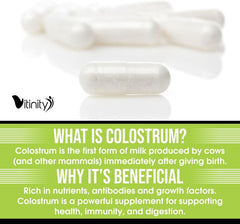Product packaging showing pure colostrum sourced from grass-fed farms