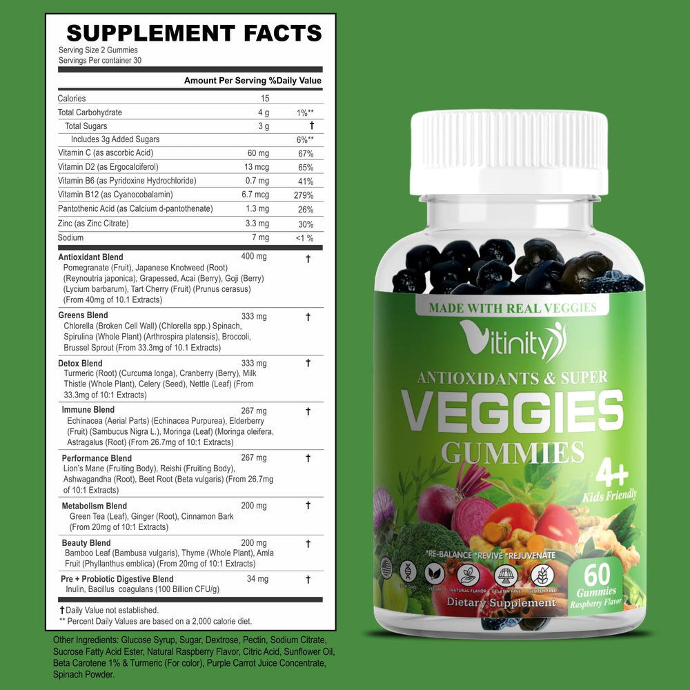 VITINITY Super Greens gummies bottle back with ingredients and guidance.