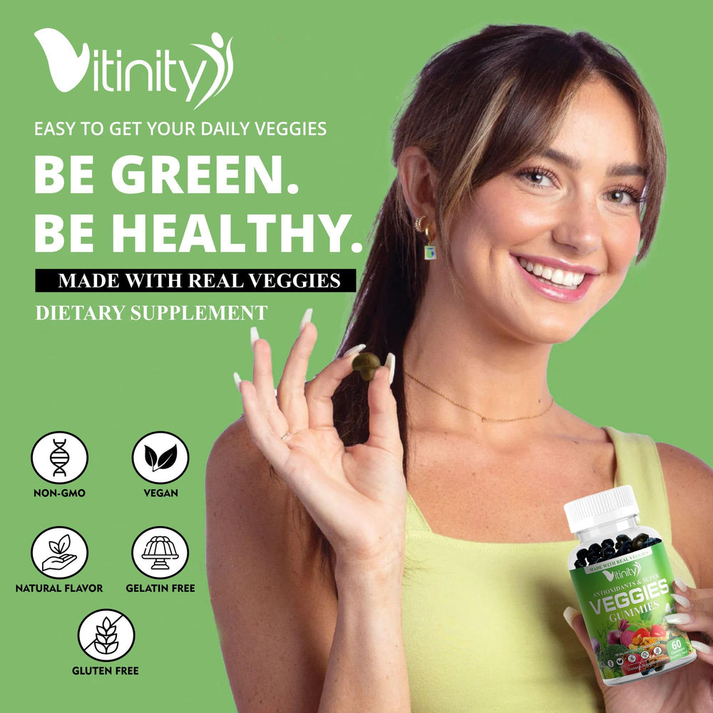 VITINITY Super Greens gluten-free non-GMO vegan gummies on display.