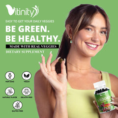 VITINITY Super Greens gluten-free non-GMO vegan gummies on display.