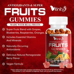 Vitinity veggie gummies closeup highlights greens blend and vegan ingredients.