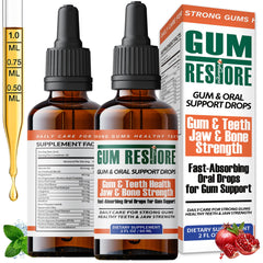 VitaLumina Gum Restore Drops bottle emphasizes natural gum comfort and fresh breath support.