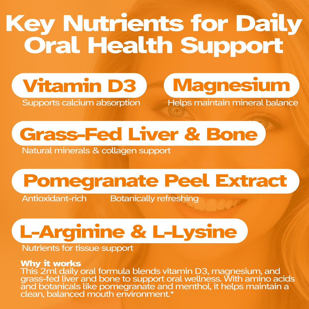 VitaLumina Gum Restore Drops liquid texture reveals fast-absorbing, pleasant-tasting droplets.