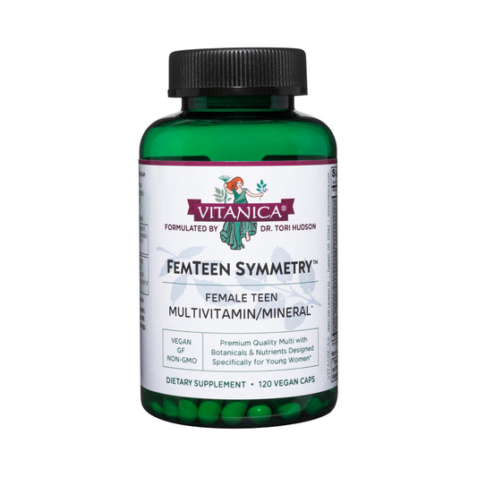 Vitanica FemTeen Symmetry bottle on desk, supports teen daily vitamin routine.