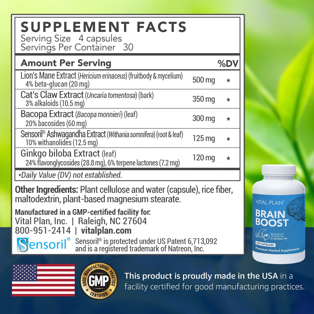 Vital Plan Brain Boost capsules closeup highlighting easy-to-swallow form and premium ingredients