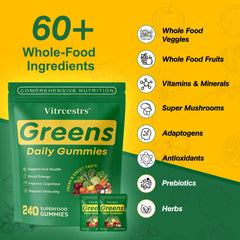 Vitrcestrs Greens Daily Gummies close-up shows spirulina and chlorella benefits.