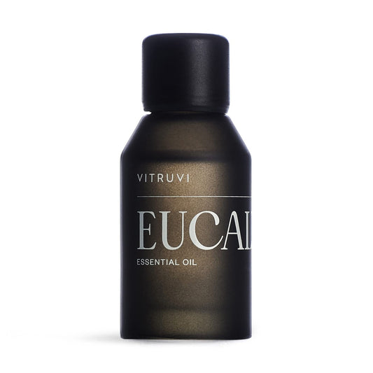 Vitruvi Eucalyptus essential oil bottle—front view, ready for diffuse aroma.