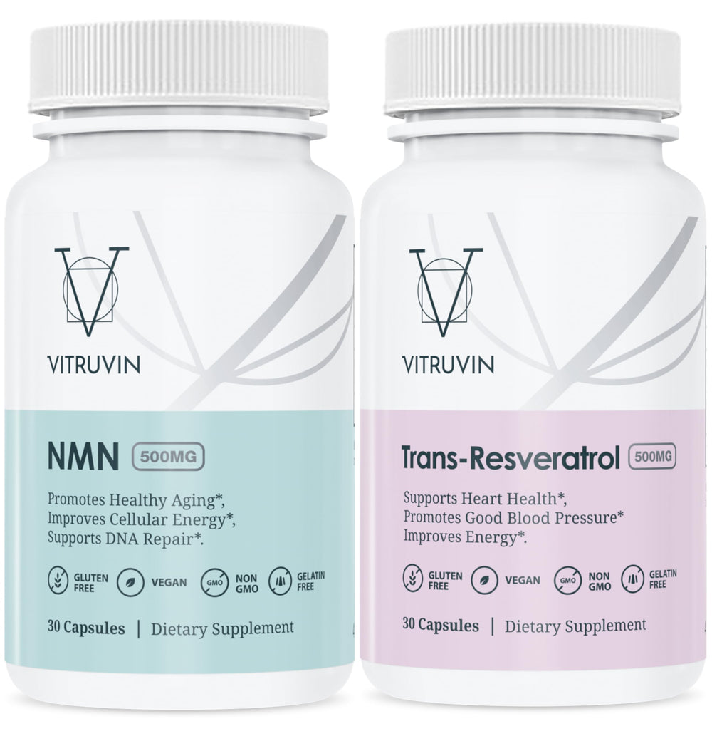 VITRUVIN Longevity bottle front view showing vegan NMN and trans-resveratrol formulation for daily wellness.
