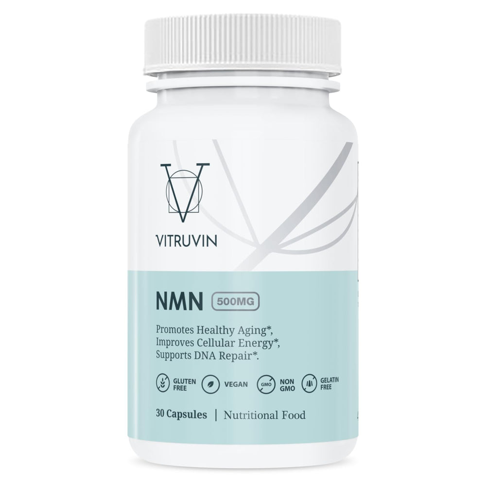 VITRUVIN NMN 500mg bottle front shows vegan-friendly branding for a clean supplement.