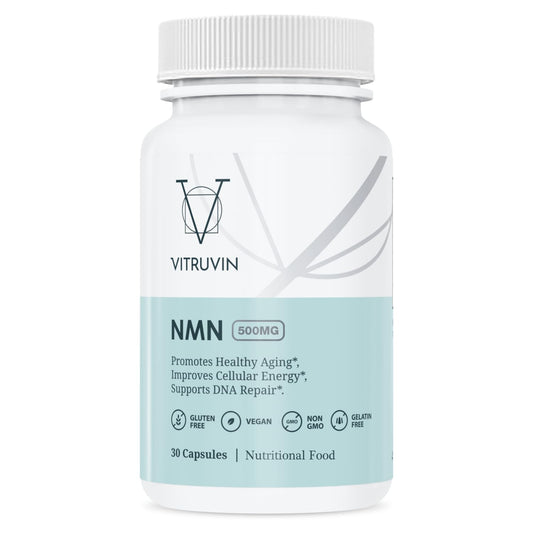 VITRUVIN NMN 500mg bottle front shows vegan-friendly branding for a clean supplement.