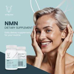 VITRUVIN NMN 500mg bottle side conveys gelatin-free capsules for dietary choices.