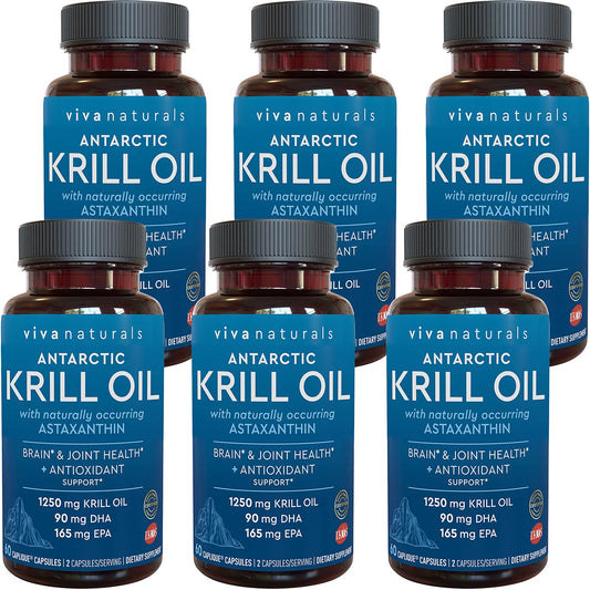 Viva Naturals Antarctic Krill Oil bottle displaying omega-3 profile for joint and brain support