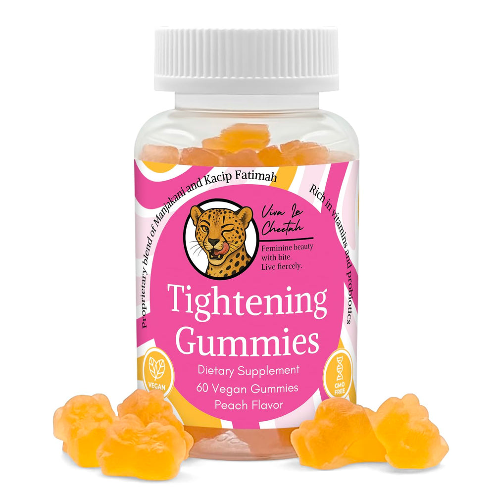 Viva La Cheetah vaginal tightening gummies bottle front shows peach flavor and vegan formula.