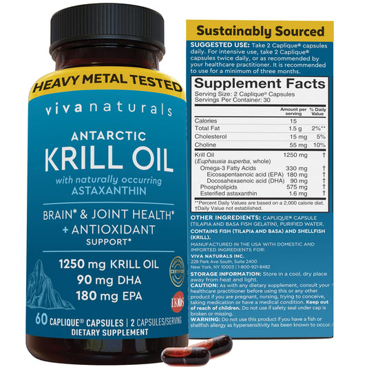 Viva Naturals Antarctic Krill Oil capsules on a clean surface, easy omega-3 source for daily wellness.