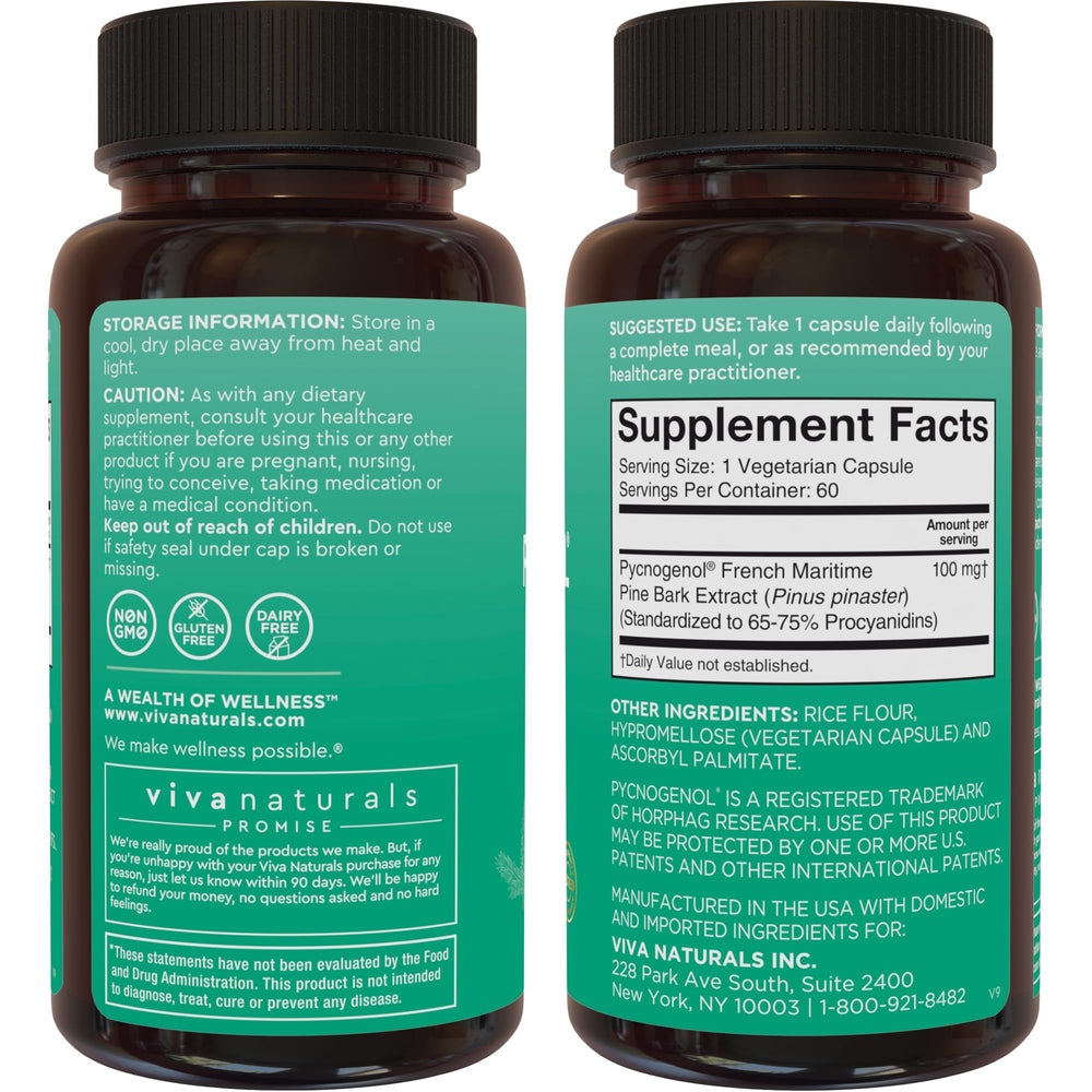 Viva Naturals Pycnogenol label close-up suggesting skin hydration benefits.