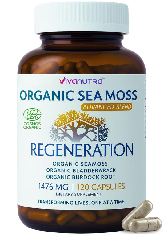 Vivanutra Sea Moss bottle front showing 3-in-1 capsules for daily vitality.
