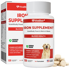 VivaElixir Iron Dog tablets on counter, supporting healthy red blood cells.
