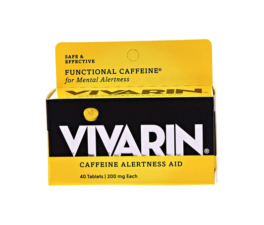 Vivarin alertness tablet close-up showing caffeine boost for quick focus