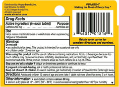 Vivarin nutrition label close-up showing caffeine content per tablet.