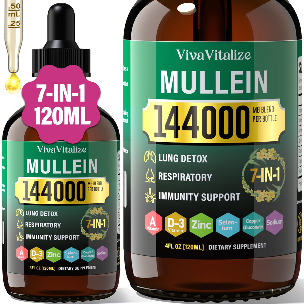 VivaVitalize Mullein Drops bottle pour for easy daily use and breath support.