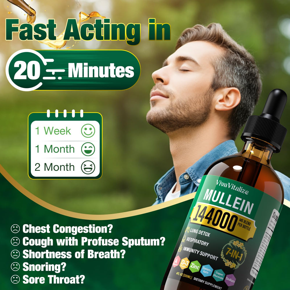 Mullein leaves beside the VivaVitalize bottle, natural herbal imagery.