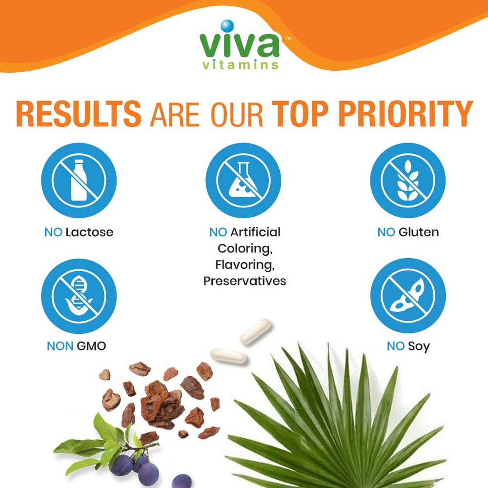 Viva Vitamins Prostate Health bottle back label details.