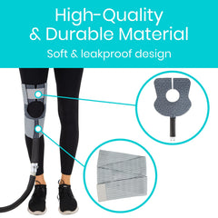 Vive knee pad adjustable straps keep it in place hands-free.