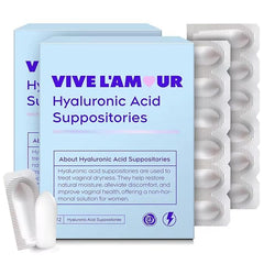 Vive L'Amour 24-count box of hyaluronic acid vaginal suppositories for continuous moisture.