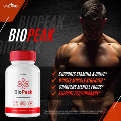 VIVE MD BioPeak box packaging emphasizes natural ingredients and quality