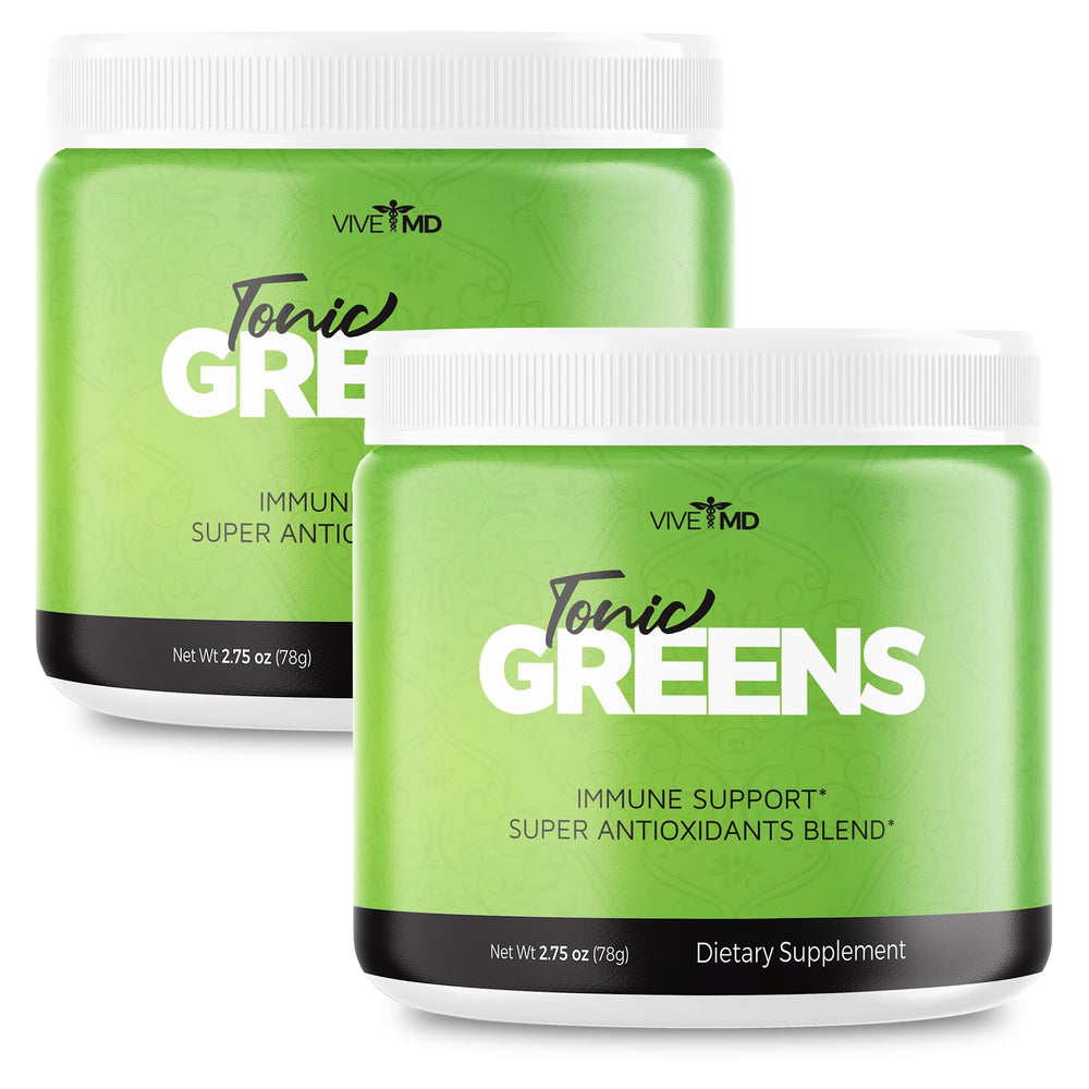 VIVE MD Tonic Greens bottle shown, supports daily energy with natural green blend.