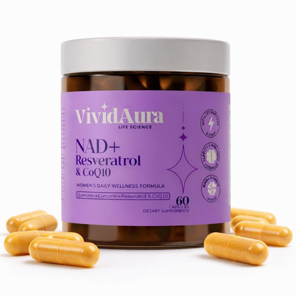 VIVIDAURA Life Science radiance formula bottle supports cellular renewal and vitality.