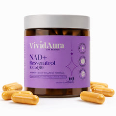 VIVIDAURA Life Science radiance formula bottle supports cellular renewal and vitality.