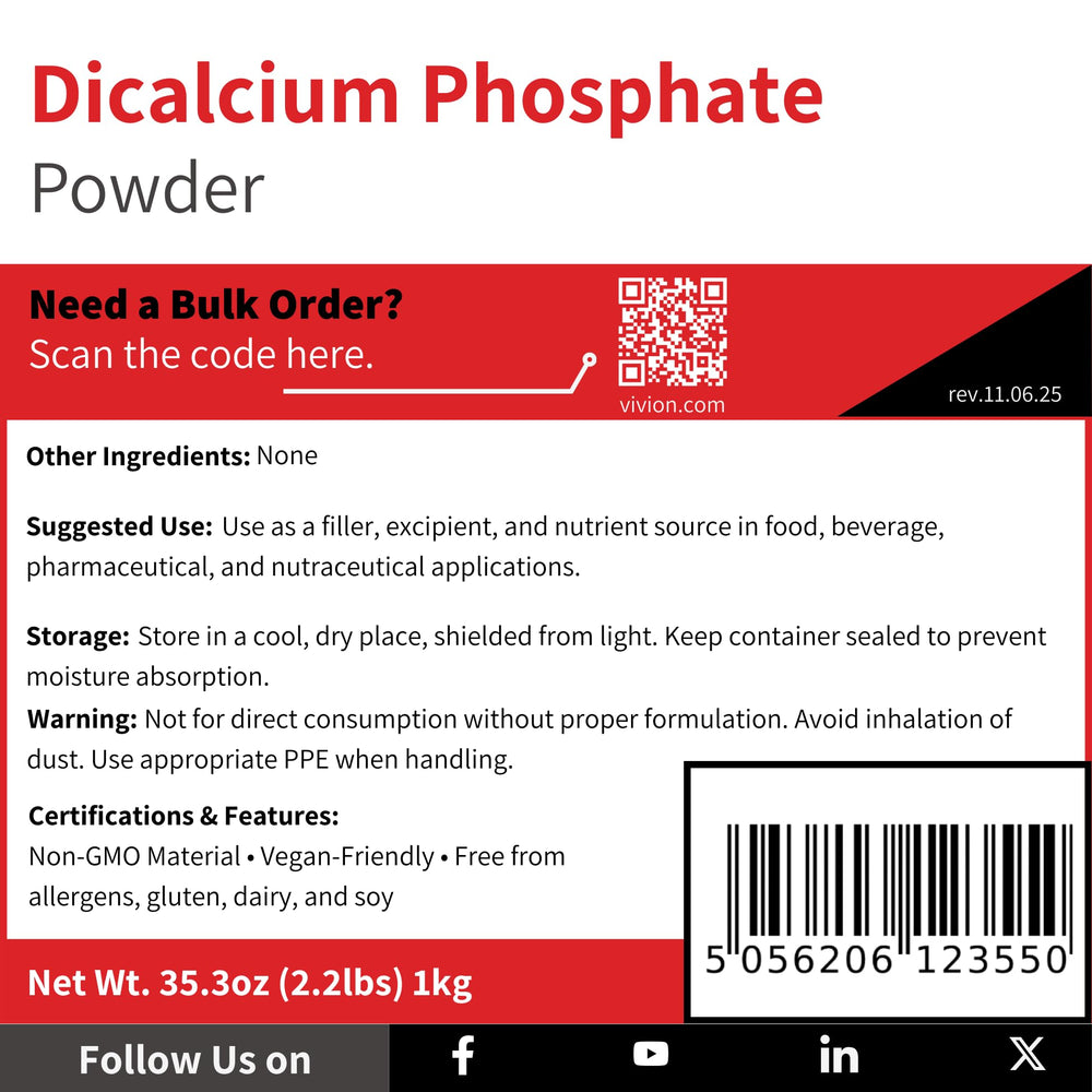 Vivion Dicalcium Phosphate Anhydrous label with CAS and EC numbers