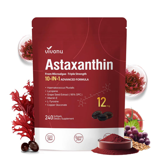 VivoNu 12 mg astaxanthin capsules in bottle for a 120-day supply.
