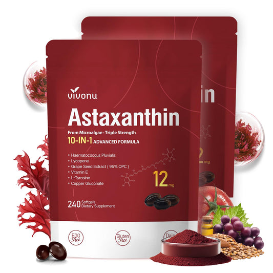 VivoNu 10 in 1 astaxanthin bottle shows 12 mg per serving for eye and skin support.