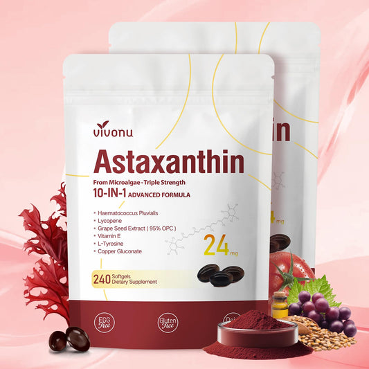 VivoNu 10-in-1 Astaxanthin bottle supports antioxidant vitality and daily eye health.