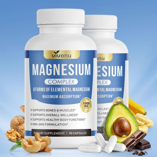 VivoNu 1000mg Magnesium Complex bottle showing eight bioavailable forms for full-body support