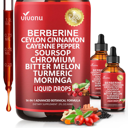 VivoNu 14-in-1-berberine-cinnamon-liquid-drops visual highlights a comprehensive blend for daily wellness.