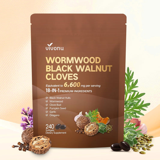 VivoNu 18-in-1 Wormwood Cleanse bottle shows the herbal blend for digestive balance.