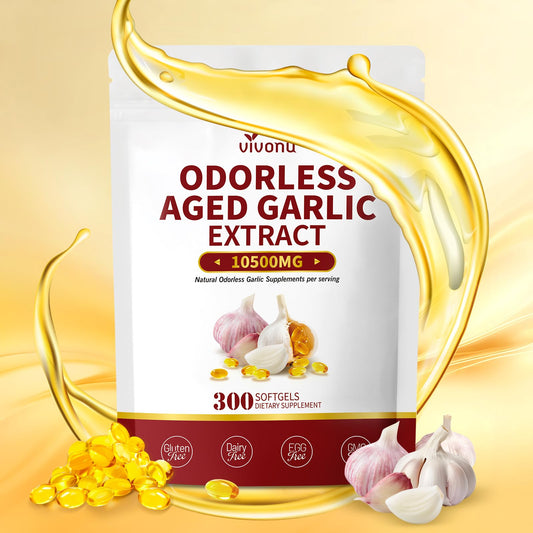 VivoNu aged garlic extract softgels bottle supports immune health and circulation.