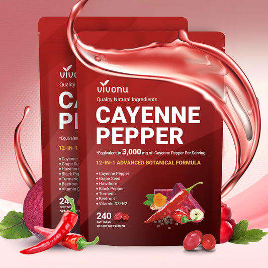 VivoNu Cayenne Pepper Softgels bottle front showing the 12-in-1 formula for daily wellness