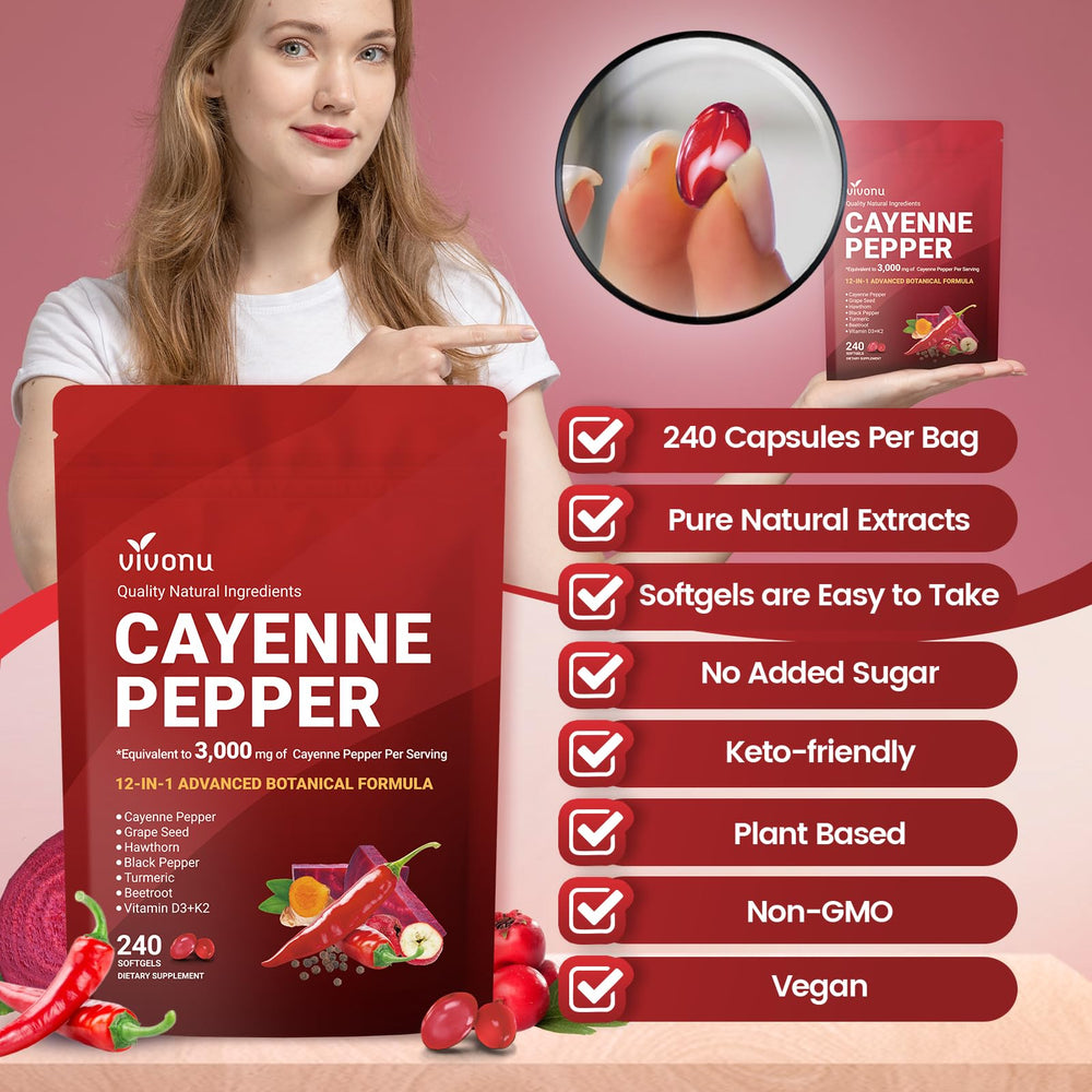 VivoNu Cayenne Pepper Softgels serving guide indicating three capsules per day