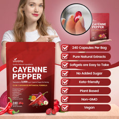 VivoNu Cayenne Pepper Softgels serving guide indicating three capsules per day