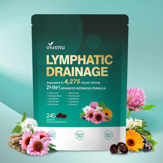 VivoNu Lymphatic Drainage softgels bottle supports daily wellness with a convenient three-capsule routine.